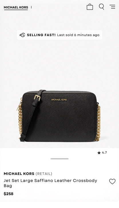 MICHALE KORS Leather Crossbody Bag Purse Zip Black/Gold Chain Strap (org $258)