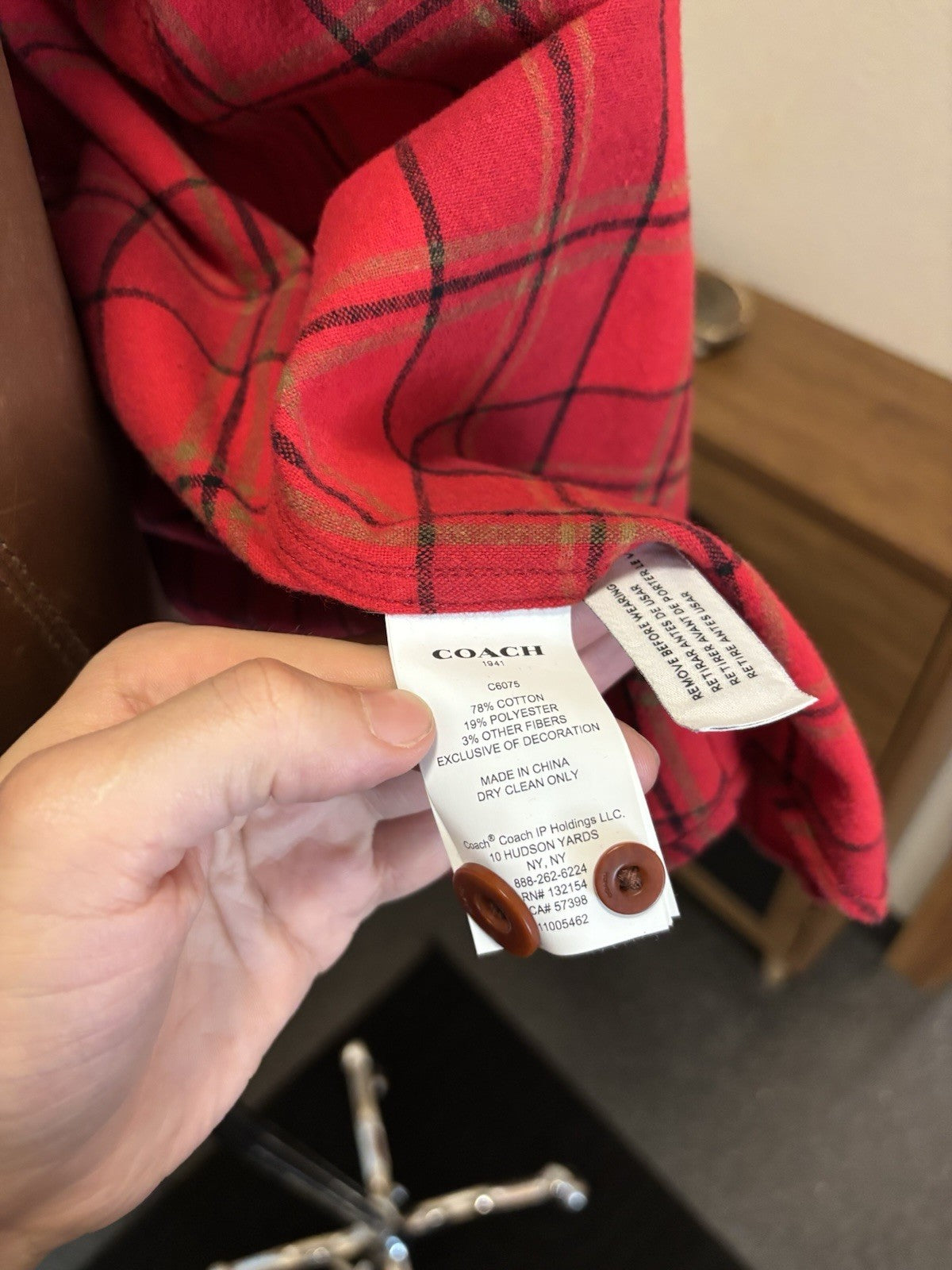 New COACH Designer Sz Large Long Sleeve Button Shirt Flannel Red Plaid (org$350)