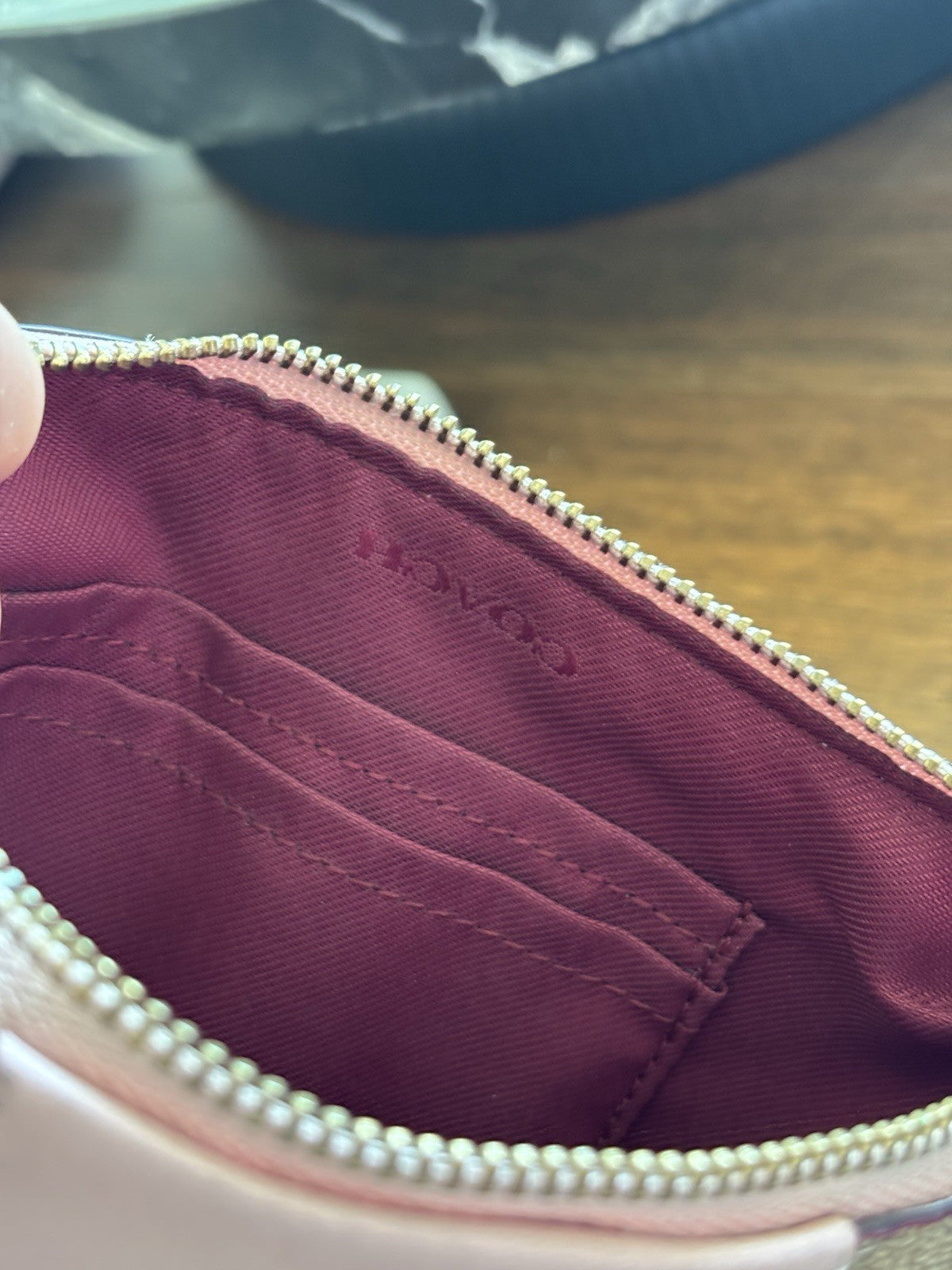 Designer COACH Zip Wristlet Signature Khaki/Tan Canvas Blush Pink Leather Stripe