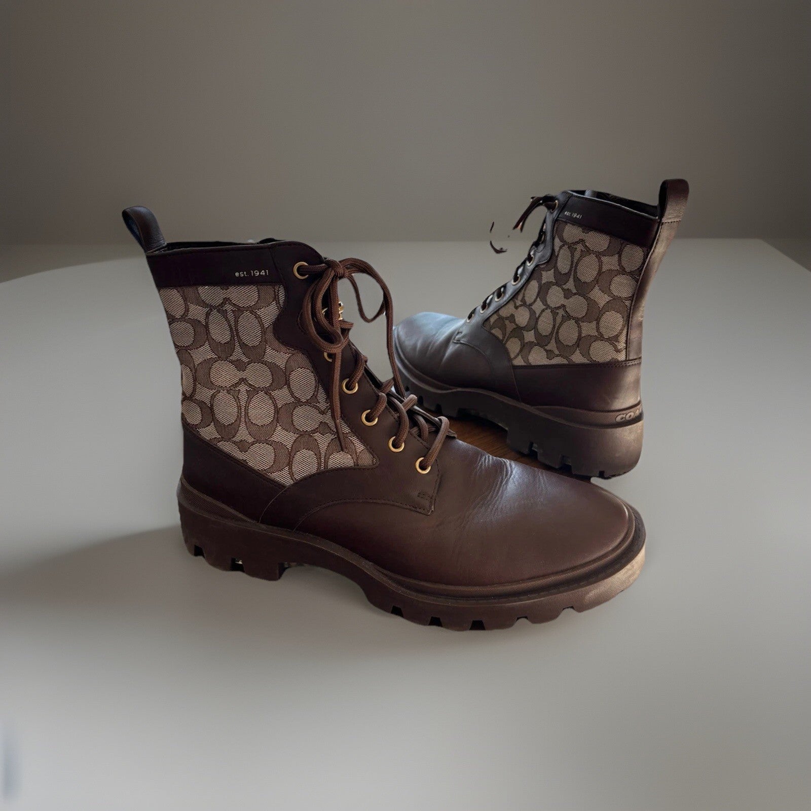 COACH Citysole Boots Men Sz 10.5 Brown Combat Leather Signature Logo (org $350)