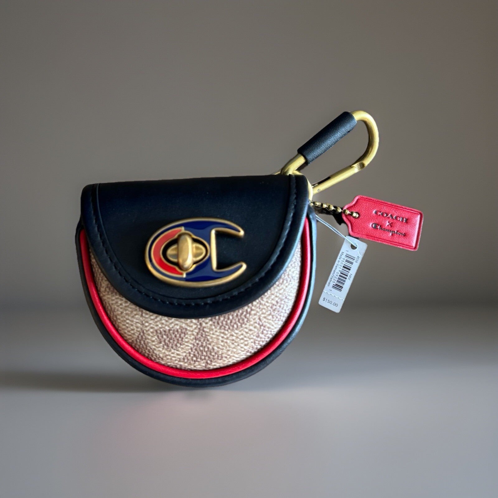 NWT Rare COACH X CHAMPION Archives Collab Turnlock Key Fob Signature Leather New