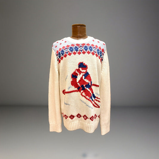 Winter COACH Ski Fair Isle Real Wool Sweater | Hand Knit | Red White Blue ($595)