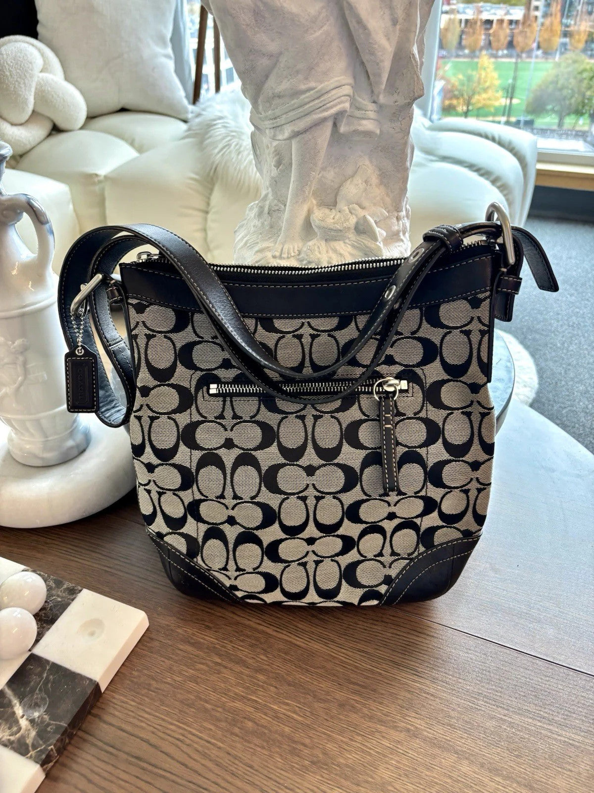 COACH Vintage Bucket Bag Handbag Black Leather Canvas Adjusting Strap (org $350)