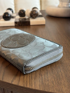 COACH Metallic Leather Stripe/Medallion Zip Around Wallet Charcoal Gray Silver