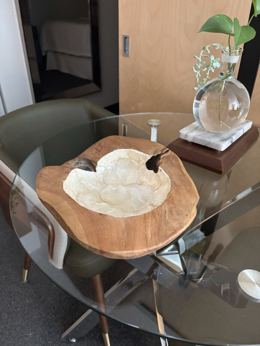 VINTAGE Live Edge Wood Bowl White Mother of Pearl Inlay Rustic Centerpiece 12x11