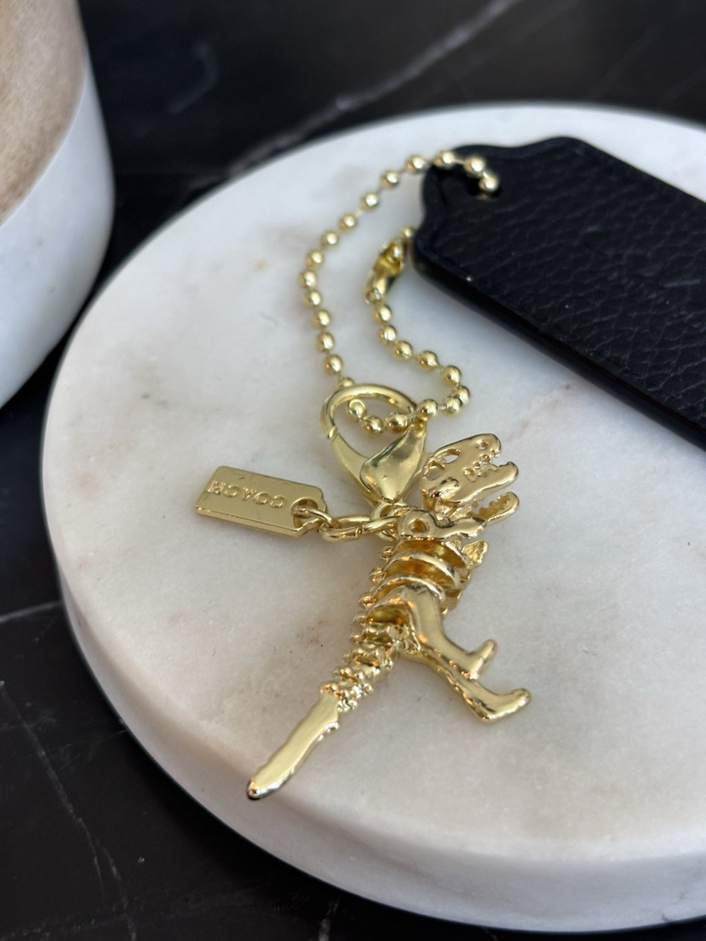 COACH NewYork Designer REXY Leather Hang Tag Dino Bag Charm Fob Chain Gold/Black