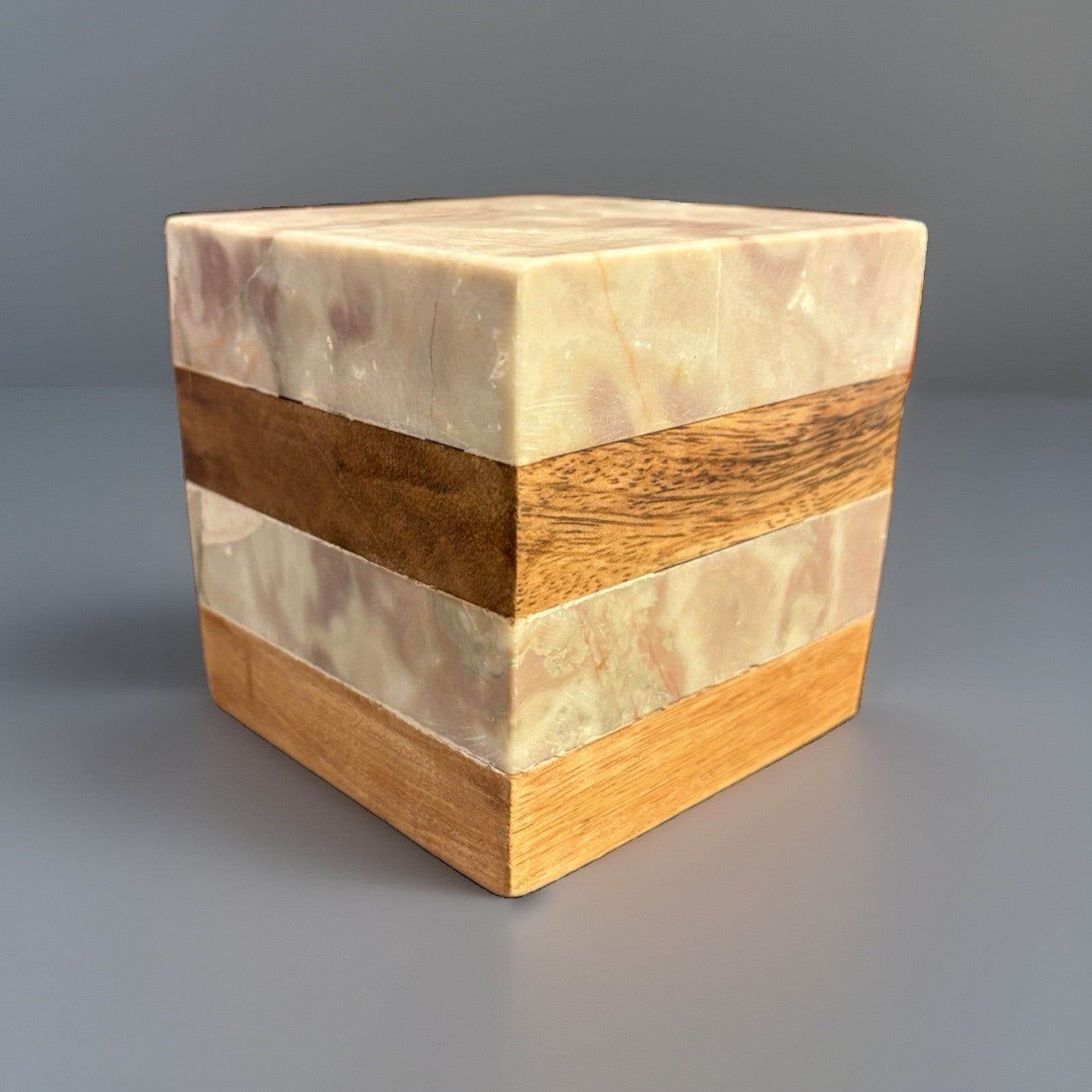 MARBLE Stone & Wood Geometric Paperweight 4” Gray White Brown Heavy Modern Decor