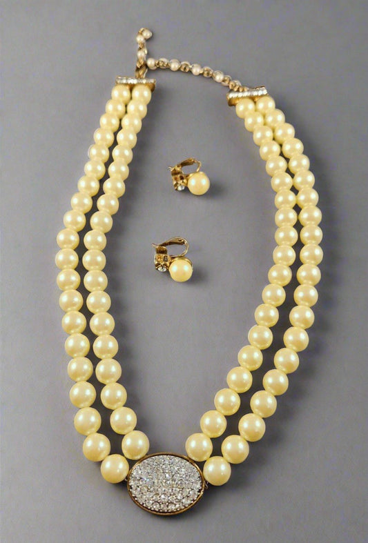 Elevated Vintage AVON Faux Pearl Choker & Clip Earring Set 2005 New Box 16.5in
