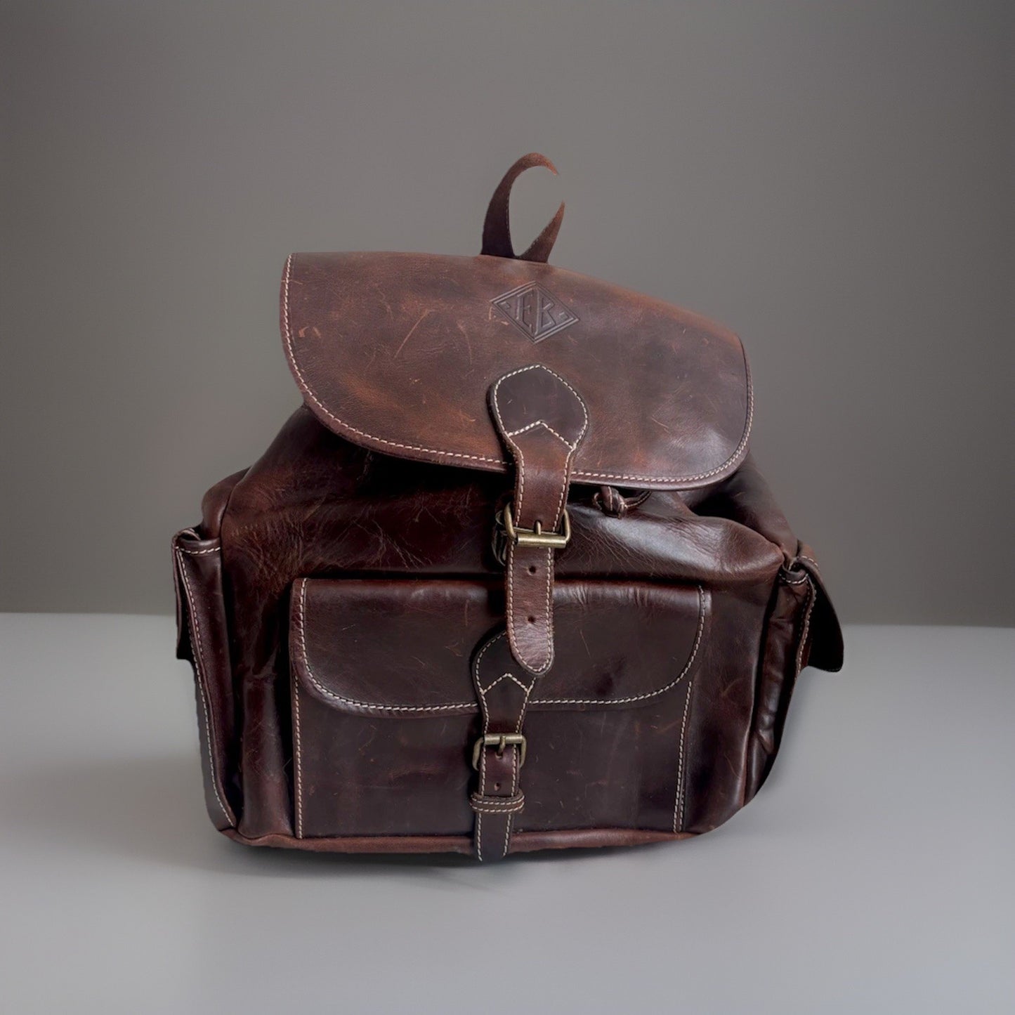 VINTAGE Classic Real Cow Hide Leather Backpack Daypack Brass Hardware Buckles