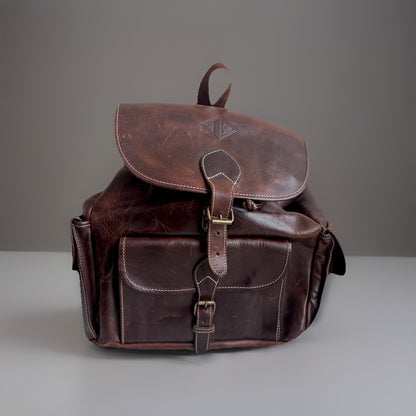 VINTAGE Classic Real Cow Hide Leather Backpack Daypack Brass Hardware Buckles