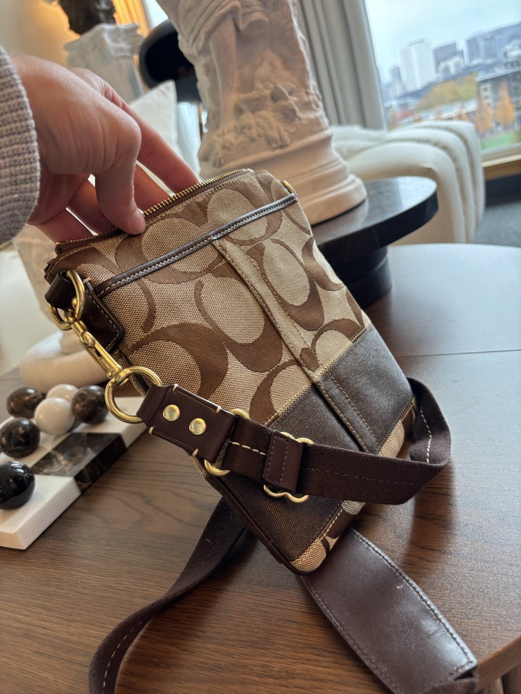 COACH Signature Jacquard Canvas Leather Trim Messenger Crossbody Bag Brown/Beige