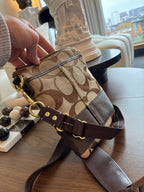 COACH Signature Jacquard Canvas Leather Trim Messenger Crossbody Bag Brown/Beige