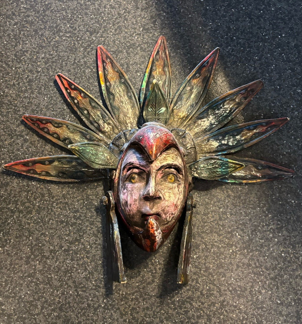 VINTAGE Mexican Hand Carved Wood Wall Mask Bird Headdress Folk Art Large 29inch