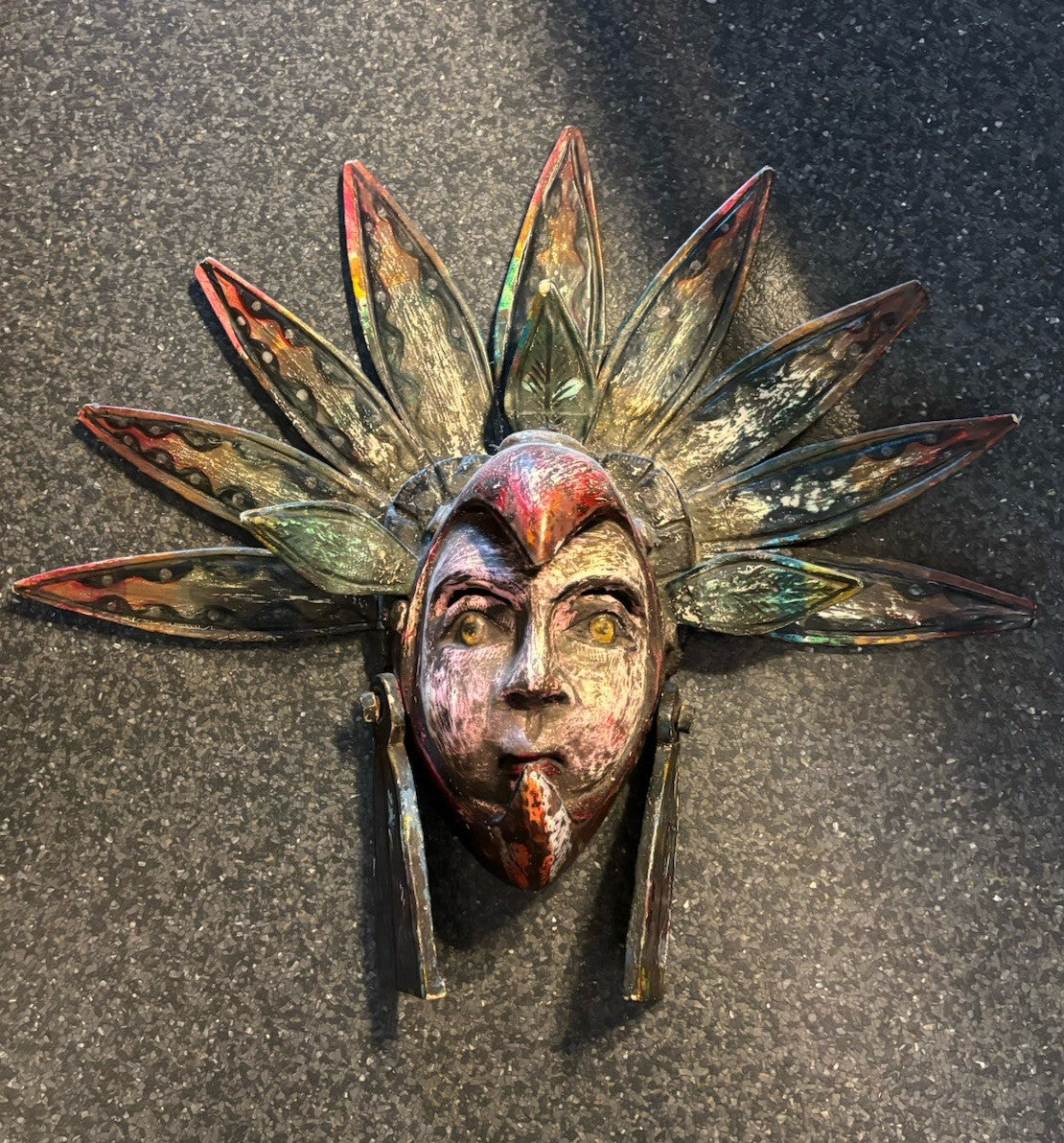 VINTAGE Mexican Hand Carved Wood Wall Mask Bird Headdress Folk Art Large 29inch