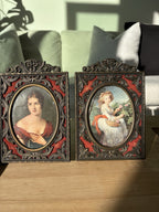 1951 VINTAGE Italian Portrait Frames Set of 2 Brass Filigree & Red Velvet 5x8”