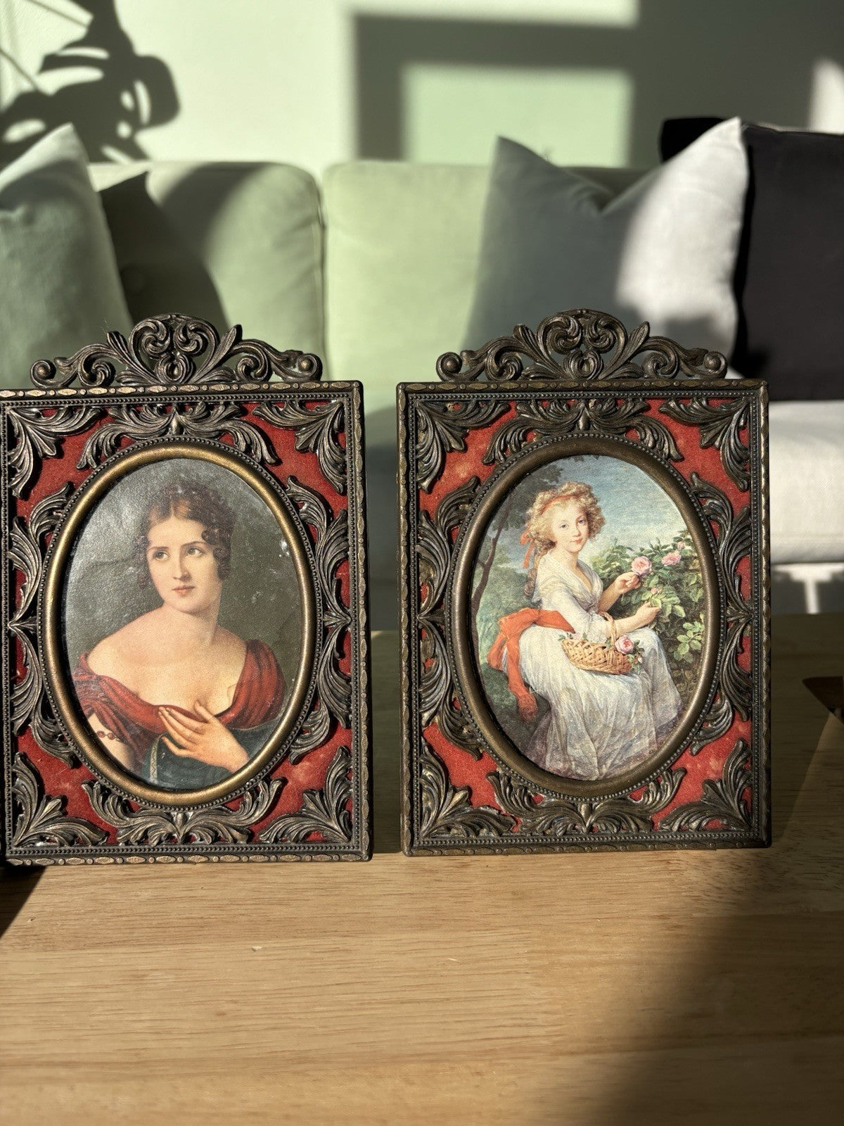 1951 VINTAGE Italian Portrait Frames Set of 2 Brass Filigree & Red Velvet 5x8”