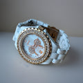 DISNEY Mickey Mouse Rose Gold Crystal White Link Watch Full Length Needs Battery