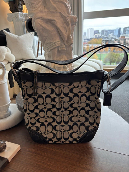 COACH Vintage Bucket Bag Handbag Black Leather Canvas Adjusting Strap (org $350)