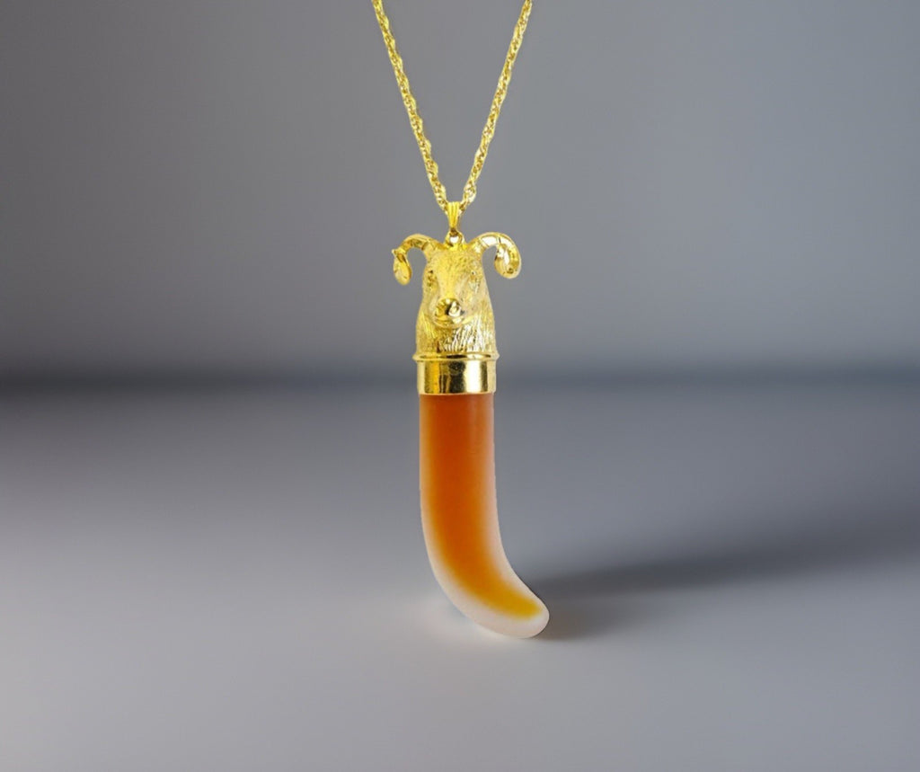 RARE 1970s Ciara Gold Ram Head Perfume Necklace Charles Revson Horn Bottle Chain