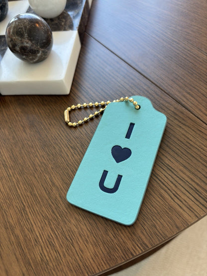 COACH Designer “I Love You” Leather Hanging Tag Bag Charm Fob Teal Blue Silver