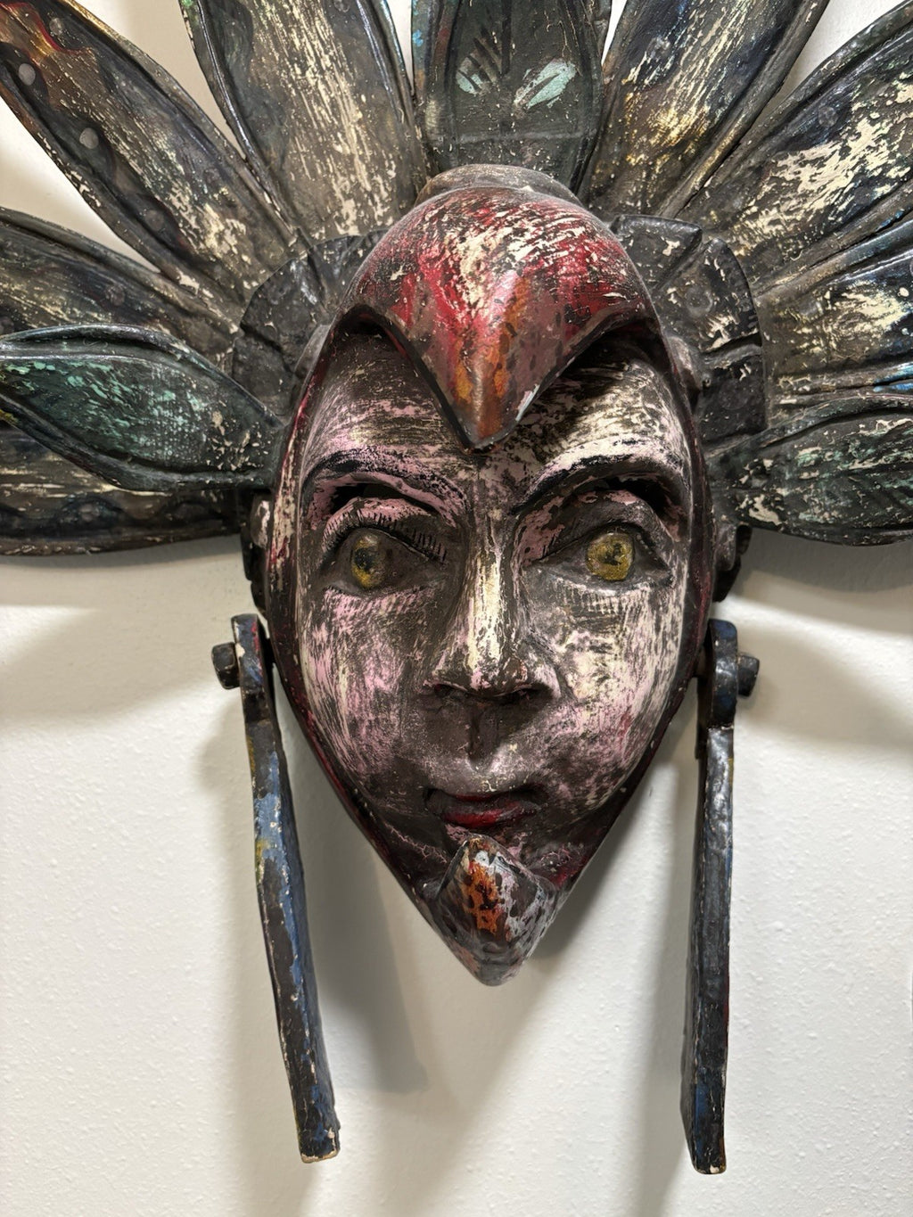 VINTAGE Mexican Hand Carved Wood Wall Mask Bird Headdress Folk Art Large 29inch