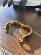 COACH 2006 Black Saffiano Leather Gold Turnlock Bangle Bracelet Hinged Vintage