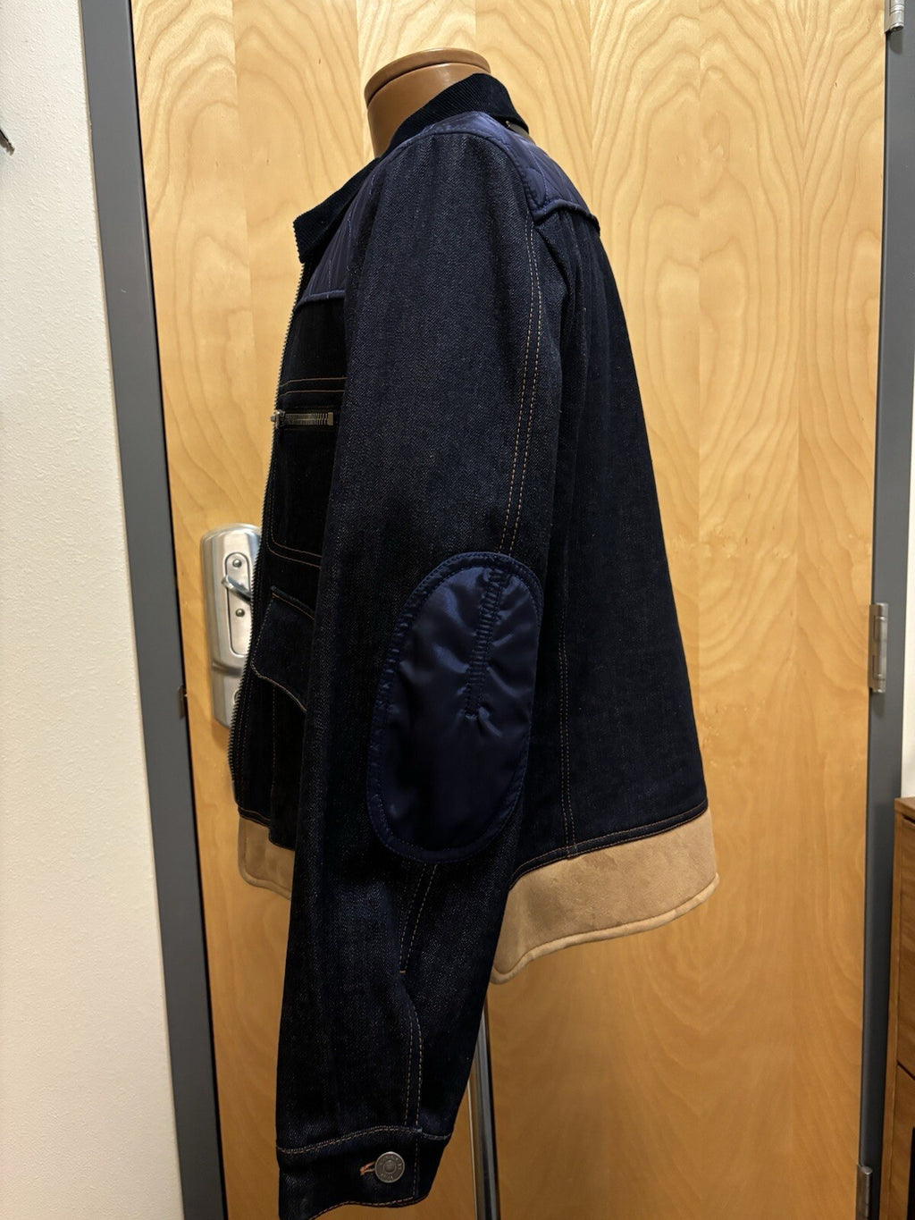 NEW Designer COACH Denim Shearling Jacket Coat Blue Tan Zip Size 50 (org $895)