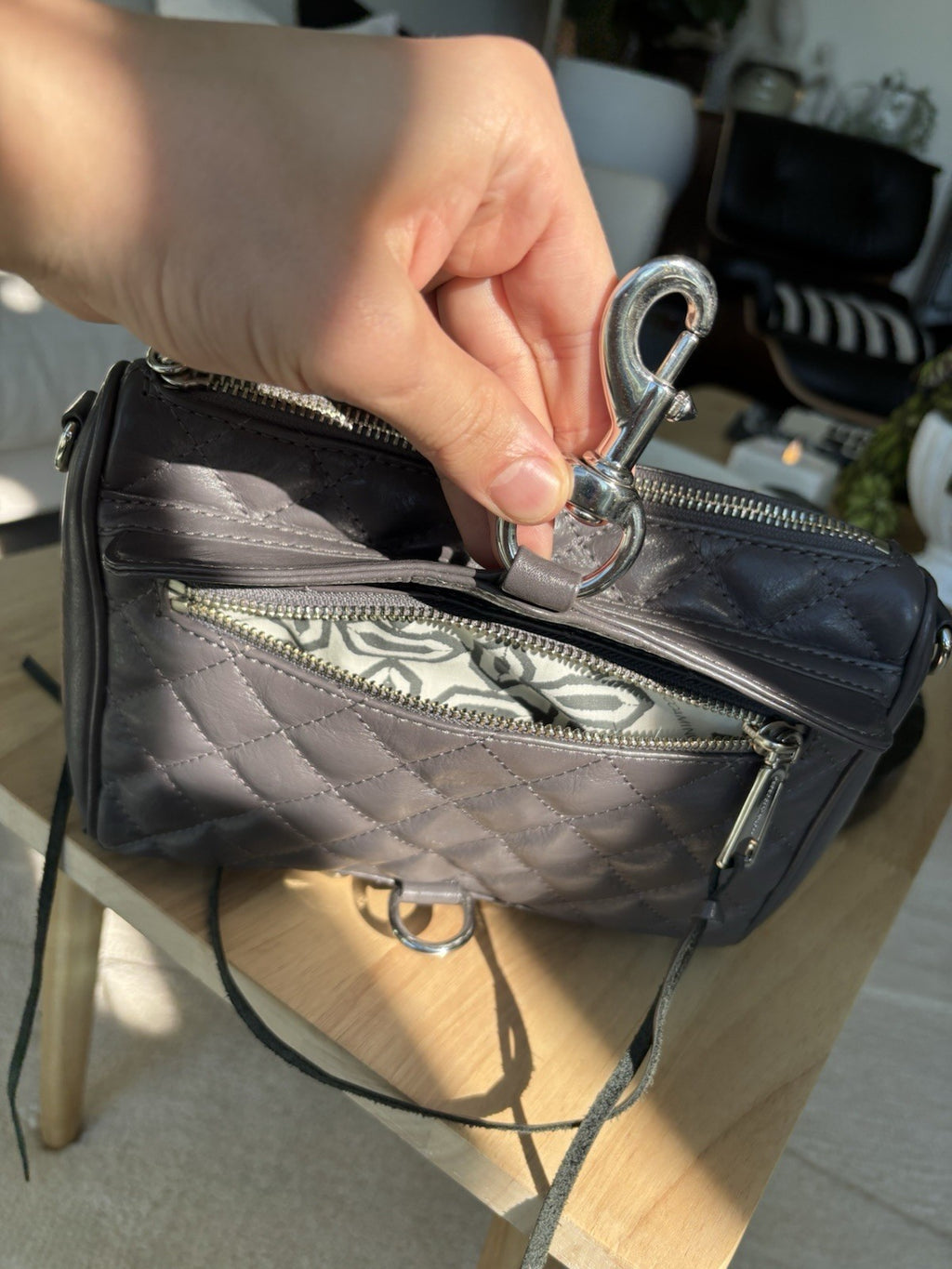 REBECCA MINKOFF Mini MAC Gray Quilted Leather Zip Crossbody Bag Chain (org $430)