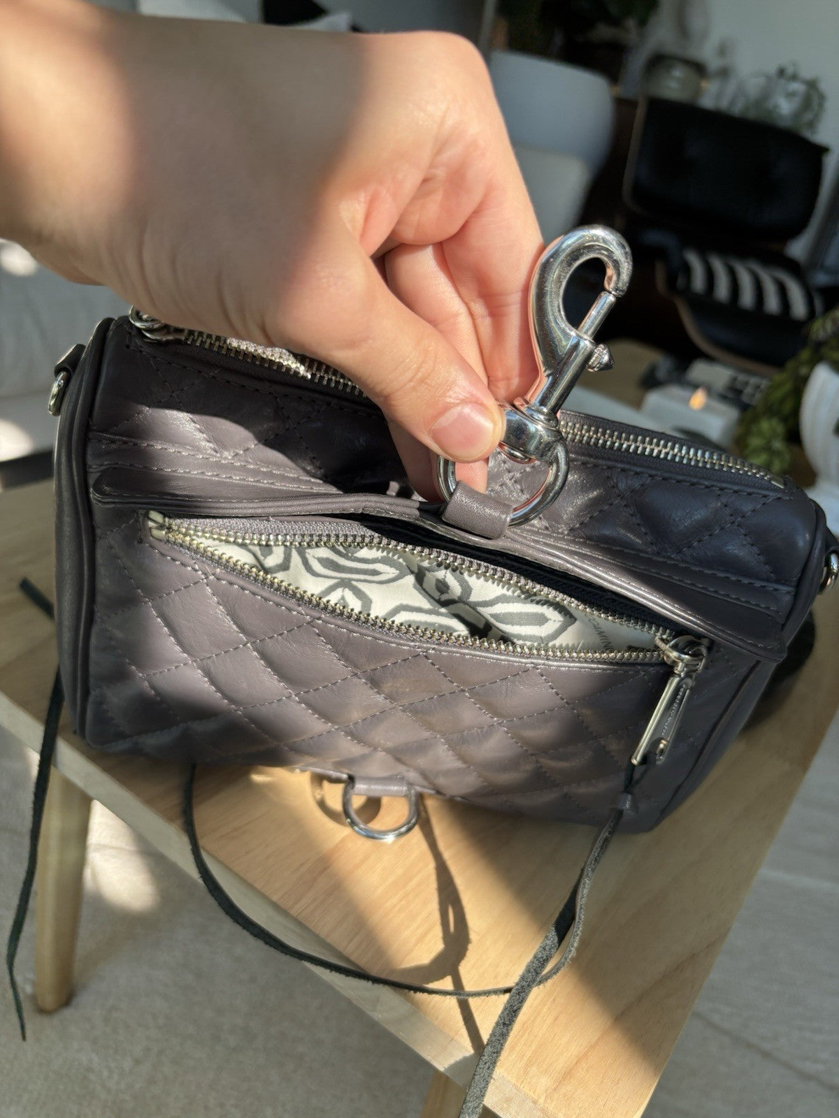REBECCA MINKOFF Mini MAC Gray Quilted Leather Zip Crossbody Bag Chain (org $430)