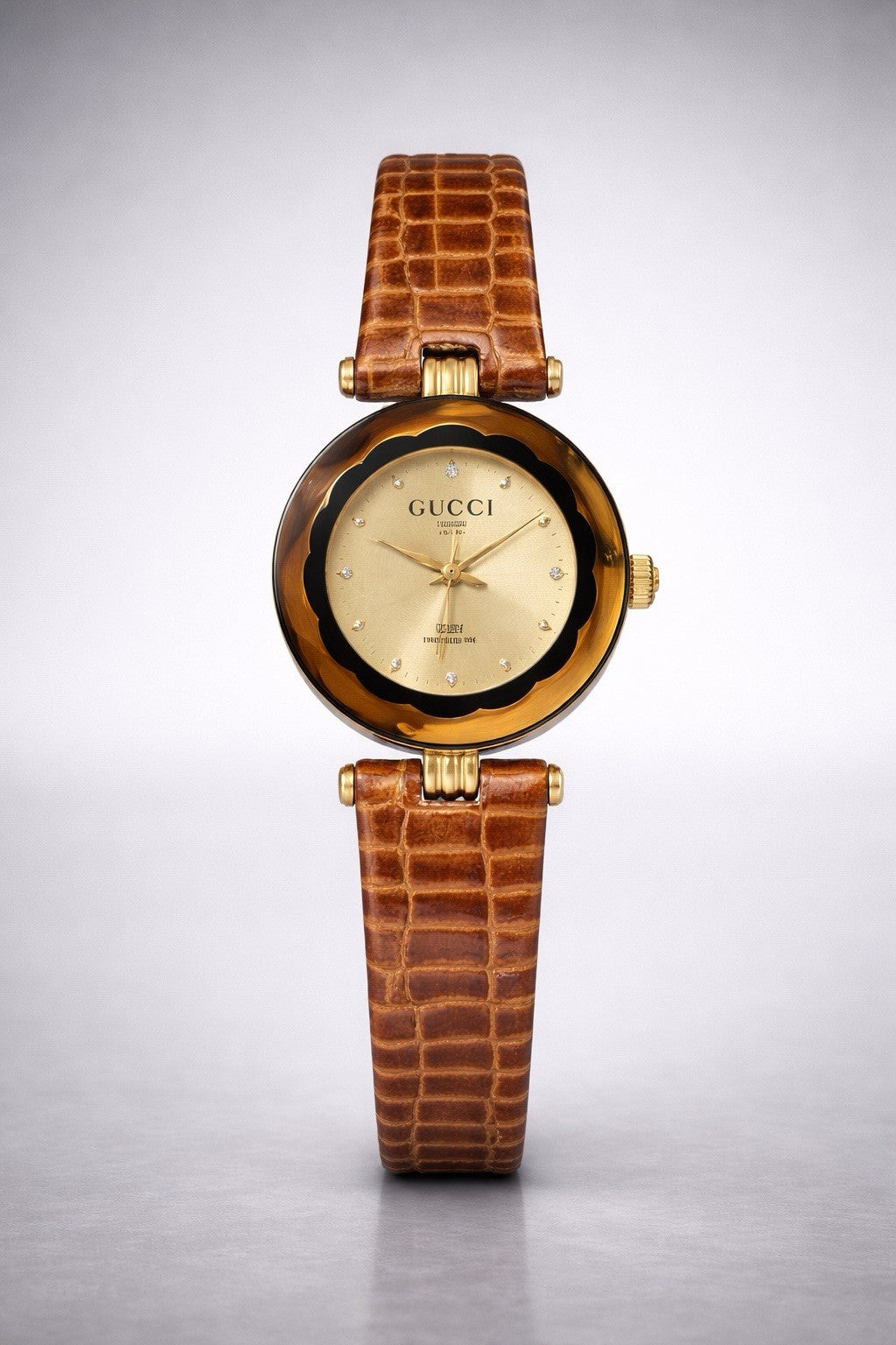 GUCCI 1986 Vintage Quartz GG Gold Brown Watch Leather Python Snake Adjust Band