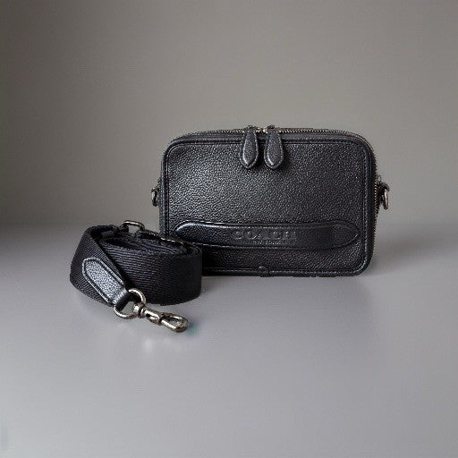 COACH Charter Crossbody Bag Black Polished Pebble Leather Gunmetal Double Zip