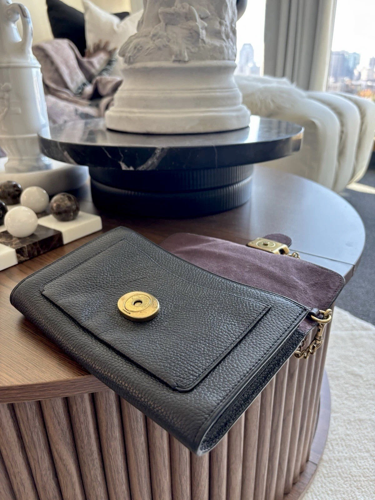 COACH Tabby Chain Clutch Pave Stones C Buckle Black Pebbled Leather (org $395)