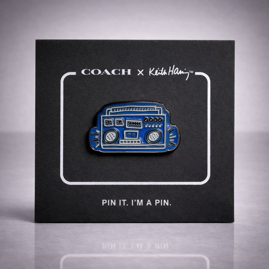 RARE Coach x Keith Haring Boombox Pin NWT Sky Blue Leather Style 29839