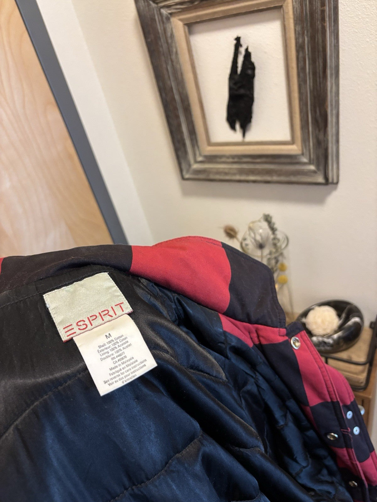 ESPRIT 1990’s Vintage Red/Black Checkered Toggle Coat Jacket 100% Cotton Medium