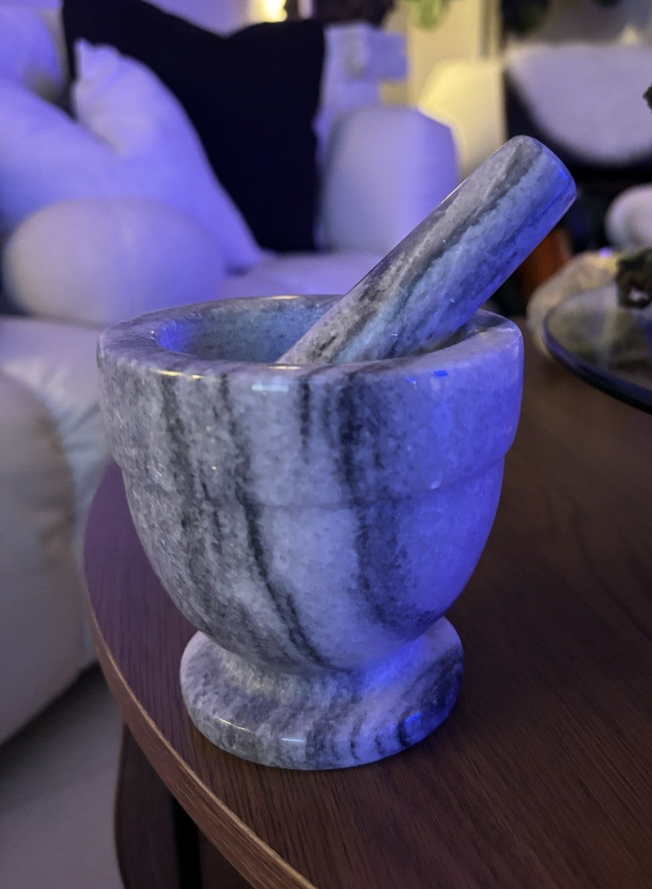 MARBLE Solid Stone Mortar & Pestle Herb Spice Grinder Kitchen 4x4.5 Gray/White