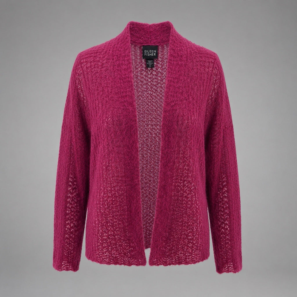 EILEEN FISHER Mohair Blend Cardigan Purple Open Knit Italian Yarn Sweater USA XL