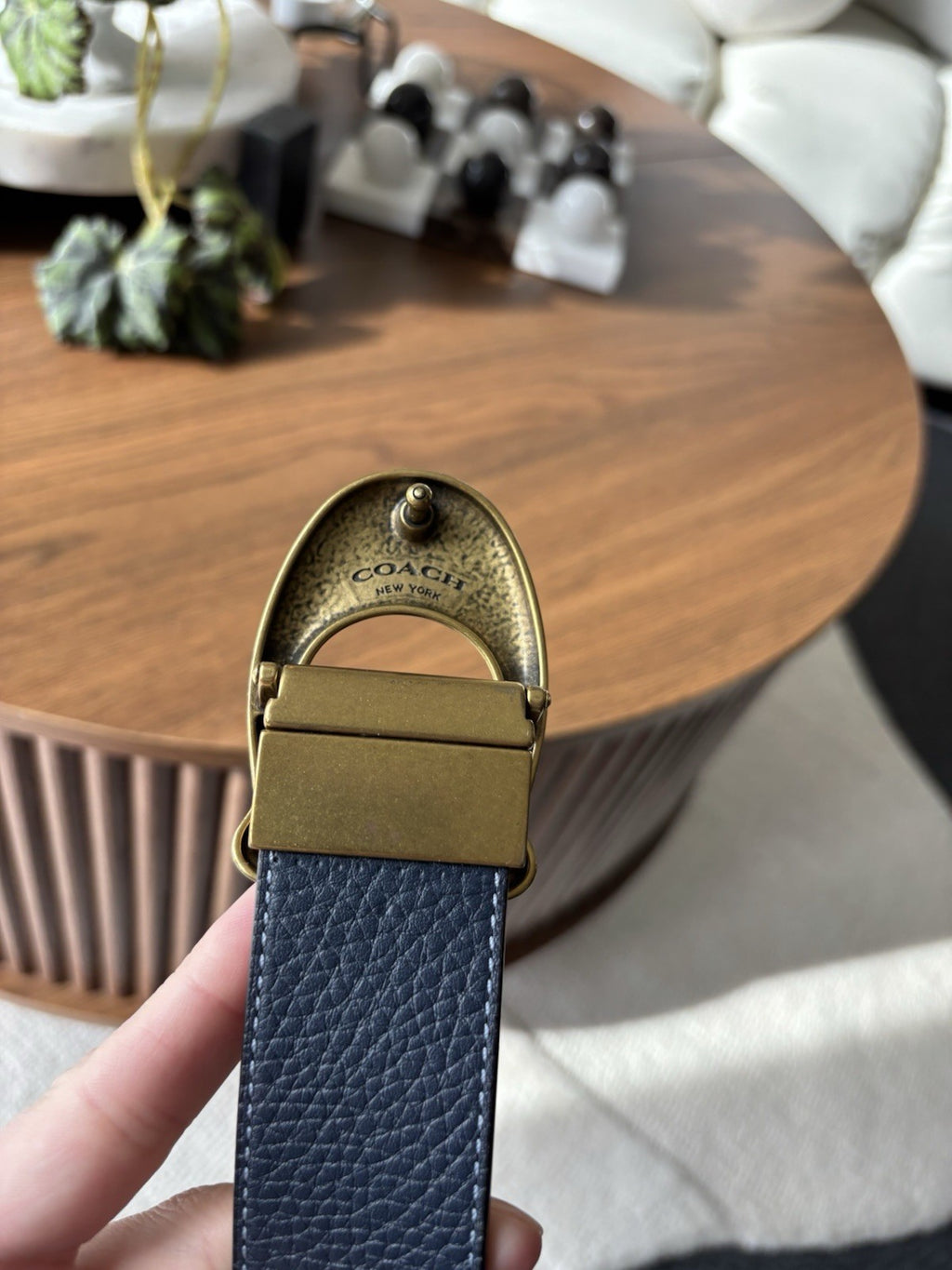 COACH Gold C Belt Reversible Navy Blue/ Grey Leather 38mm Sz 30-32 (Org $250)