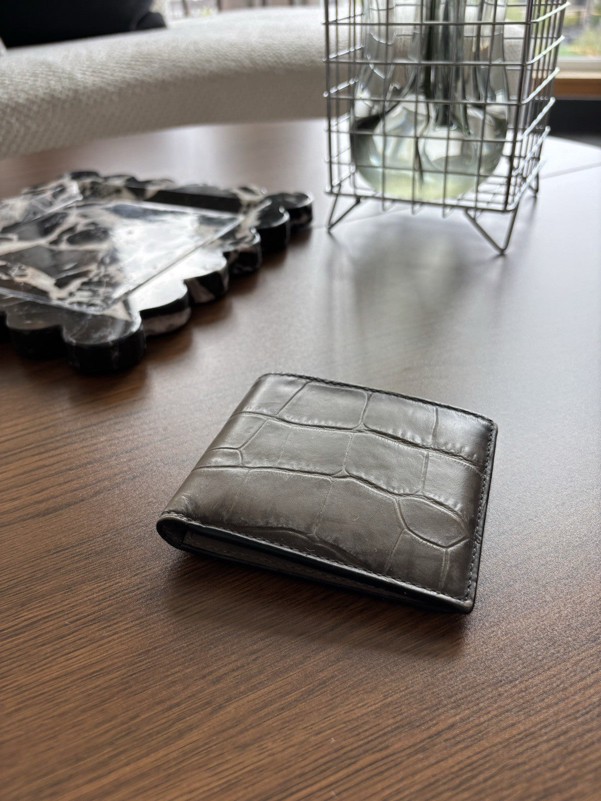 Rare COACH Retail Crocodile Embossed Leather Bifold Wallet Card Fog (org $225)