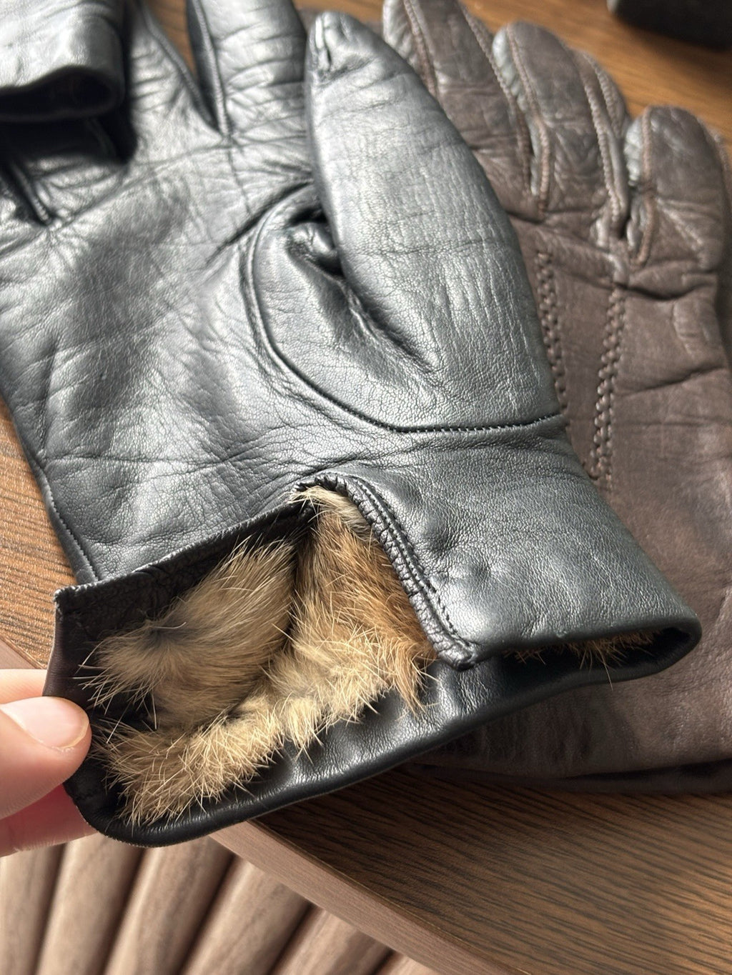 VINTAGE (2) Set Genuine Rabbit Fur Black/Brown Cowhide Leather Gloves Women 6.5