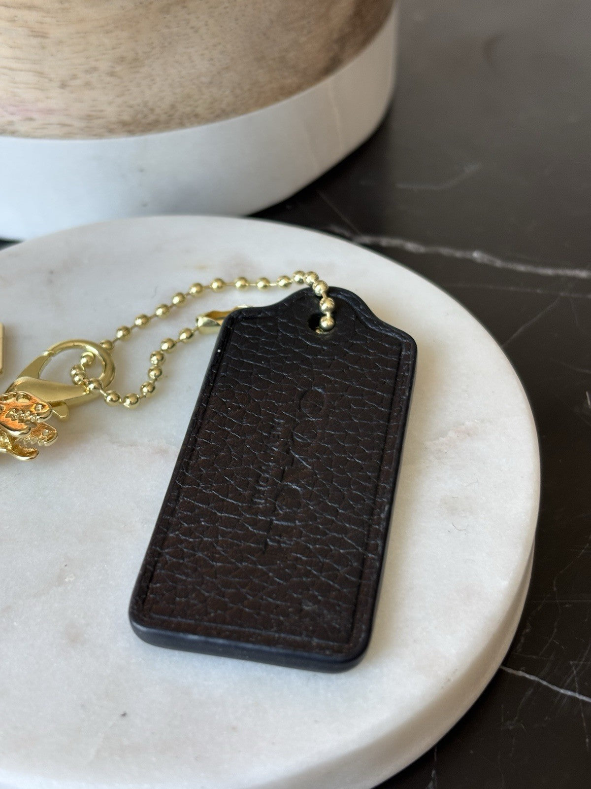COACH NewYork Designer REXY Leather Hang Tag Dino Bag Charm Fob Chain Gold/Black