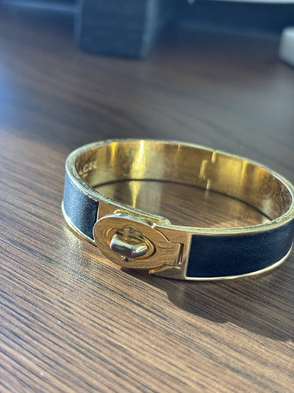 COACH 2006 Black Saffiano Leather Gold Turnlock Bangle Bracelet Hinged Vintage