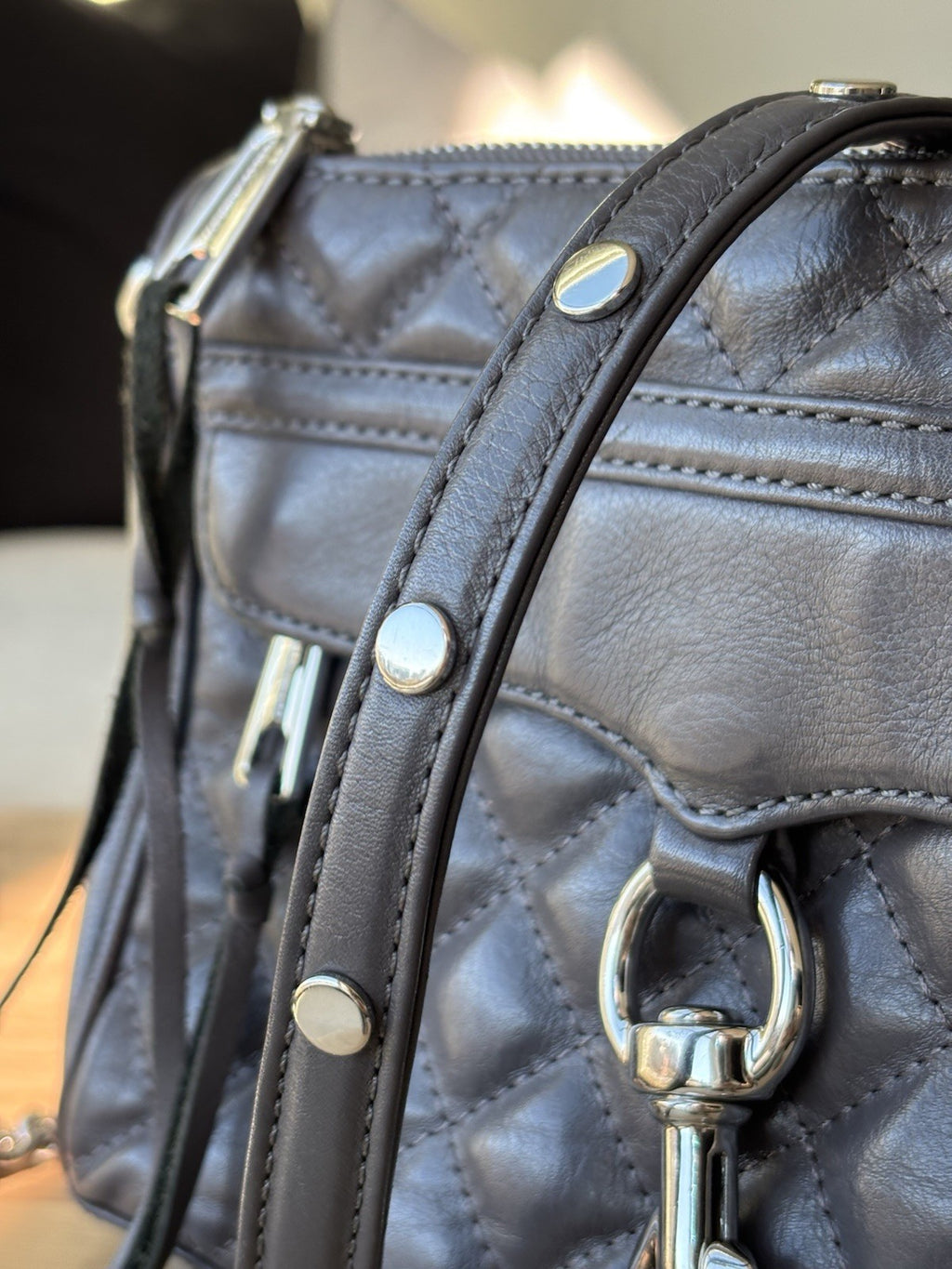 REBECCA MINKOFF Mini MAC Gray Quilted Leather Zip Crossbody Bag Chain (org $430)