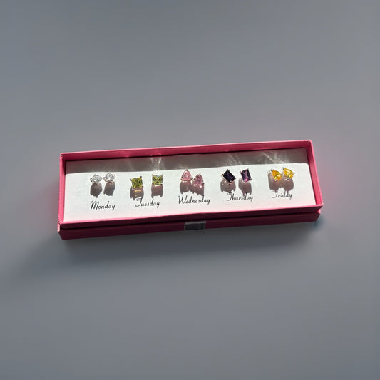 NWT AVON Days of the Week Cubic Zirconia Earrings Pink Purple Green Real Stones