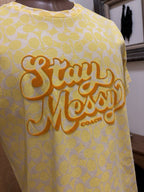 COACH Designer T Shirt Retro Fuzzy Graphic “Stay Messy” Yellow Size M (org $150)