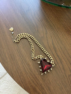 BETSEY JOHNSON Red Heart Necklace Spiked Pendant Statement Gold Chain (org $145)