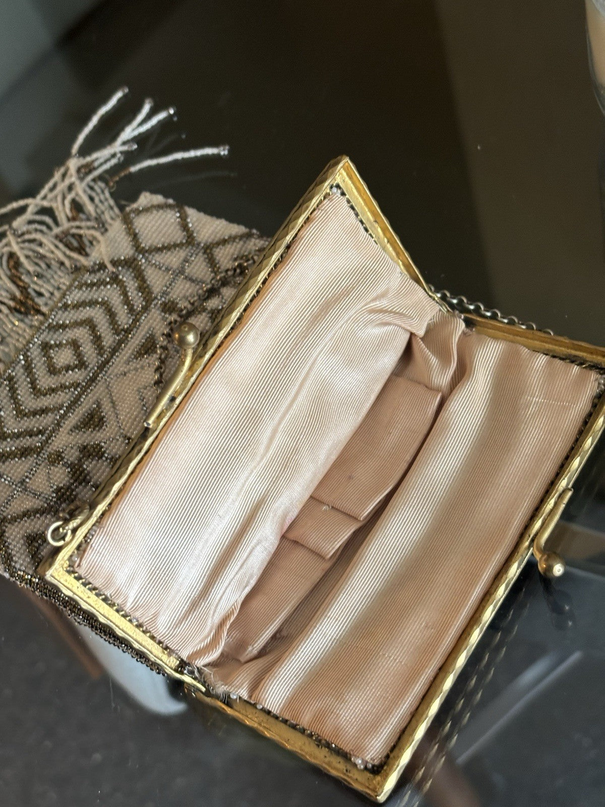 1920’s Antique French Steel Cut Beaded Fringe Evening Bag Art Deco Wristlet Rare