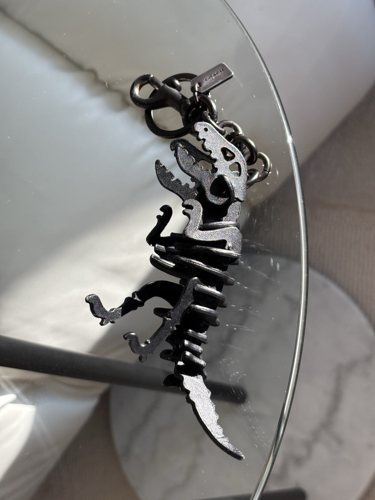 Designer COACH Black Rexy Bag Charm Keychain Fob Dinosaur Leather Skeleton