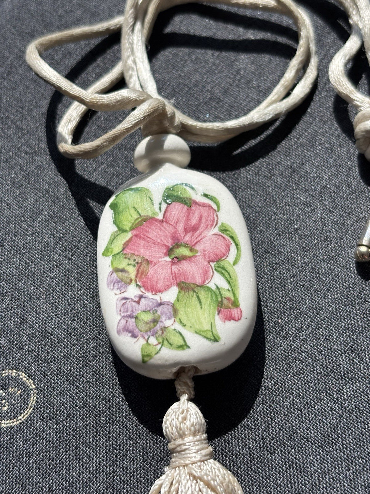 Vtg AVON Hand Painted Floral Ceramic Pendant Necklace W/Tassel & Silk Cord 1980