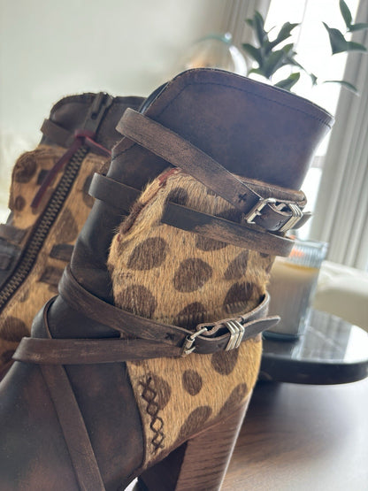 NEW Freebird STEVEN BAKER Zip Boots Brown Leopard Print Pony Hair Belted Women 8