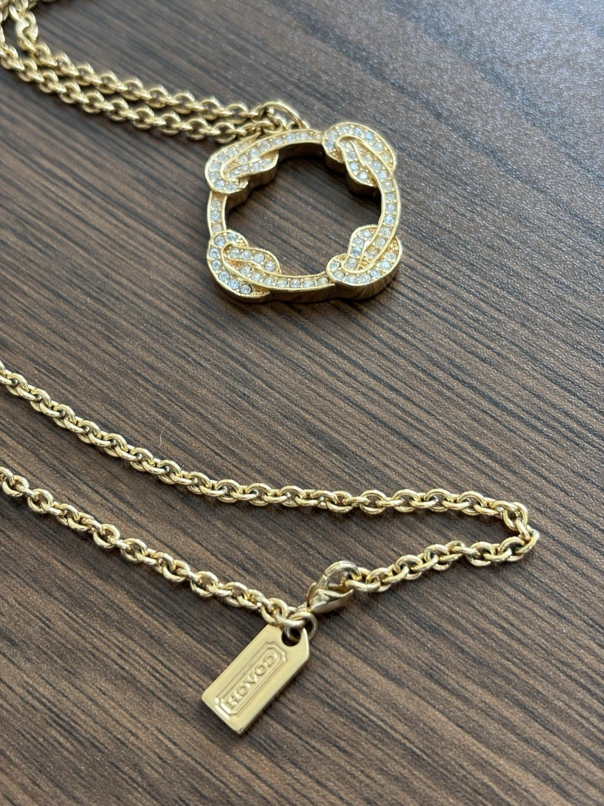 Cute Vintage COACH Gold Plated Pave Crystal Infinity Knot Pendant Necklace Long